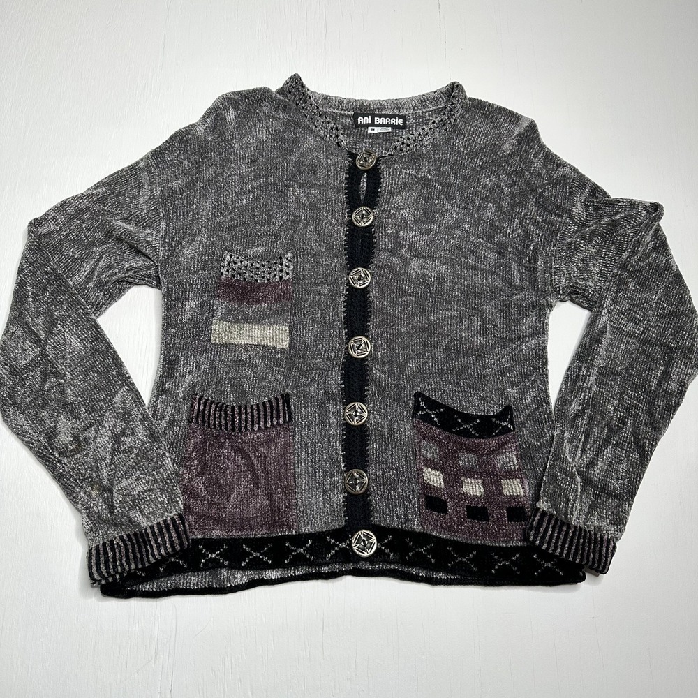 Vintage Ani Barrie Cardigan Womens Medium Gray Sweater Top USA Knit